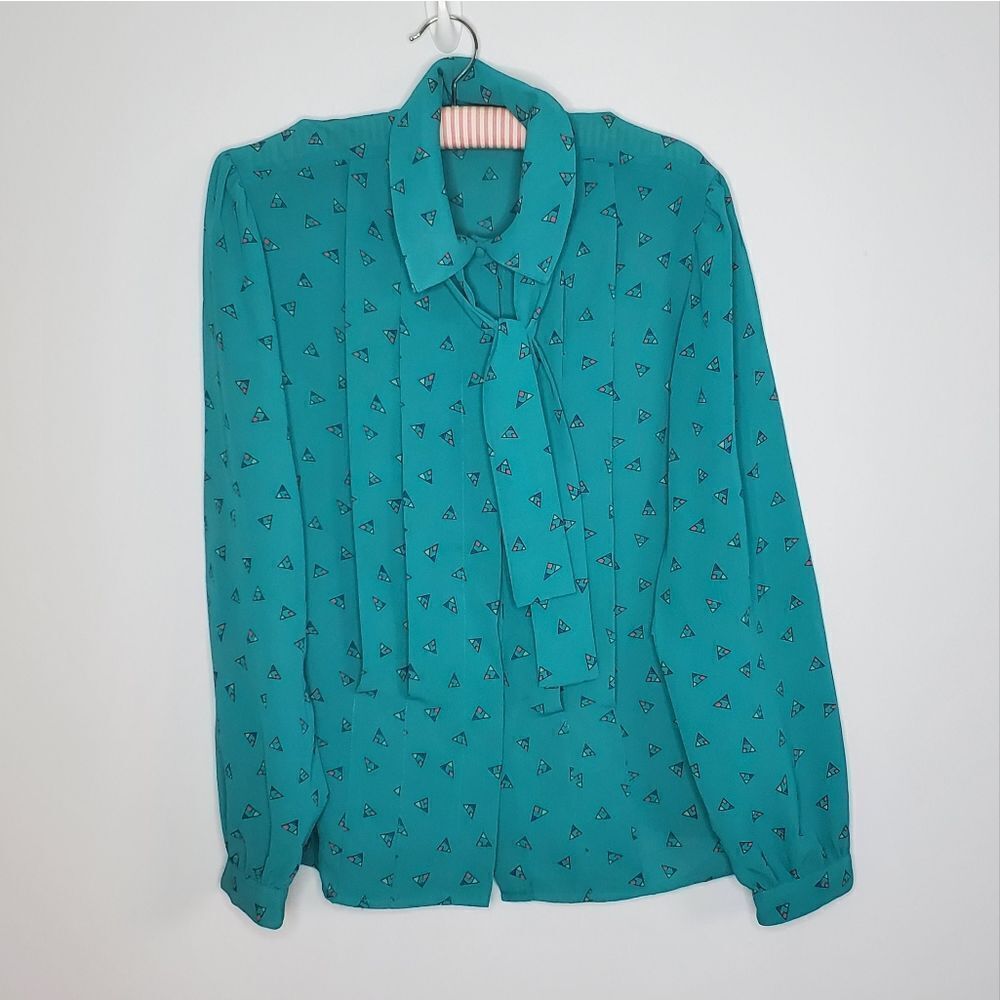 Chaus 14 80's Blouse Long Sleeve Button Down Shirt Teal Green Triangle Print